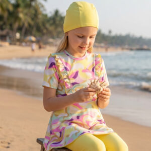 Burkini Fille Anti-UV avec Legging Long – Jaune Multicolore